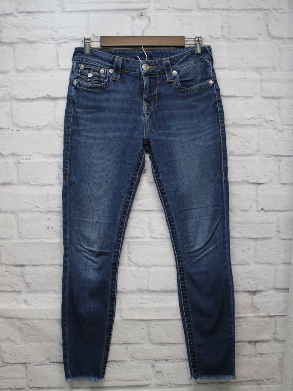 True Religion Size 27 Medium Wash Denim Blue Raw Hem Skinny Jeans FLAW